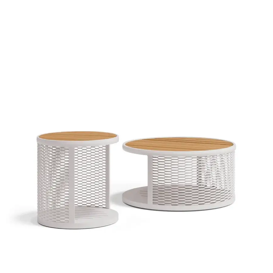 Superior Atmosphera Switch side table crafted with warm-toned wood and pale off-white perforated aluminum in a satin finish