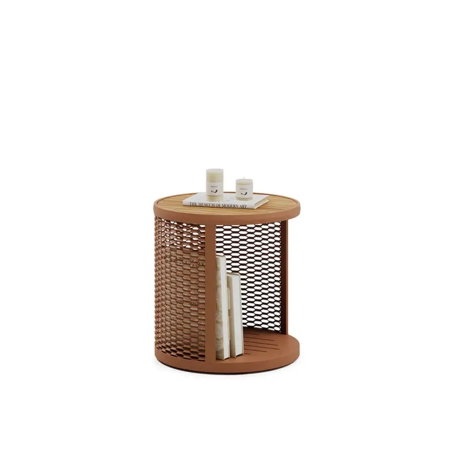 Distinctive Atmosphera Switch side table with perforated body crafted in matte terracotta high-performance aluminum
