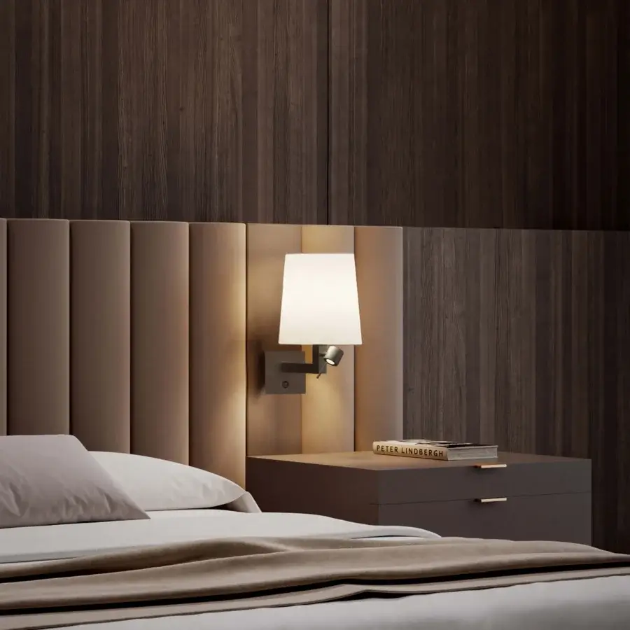 Distinguished Contardi Heritage wall lamp with light beige linen lampshade and satin silver-grey metal arm