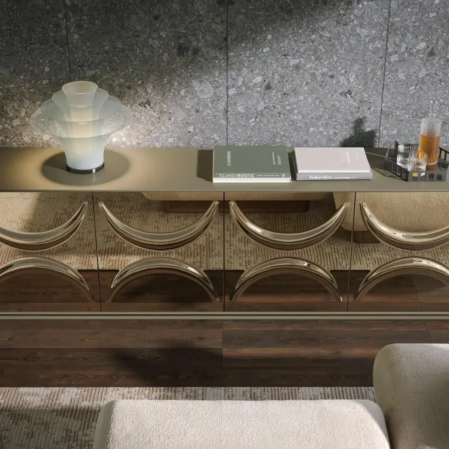 Captivating Tonin Casa Selene sideboard with mirrored doors and geometric patterns in glossy wood with silver-toned detailing