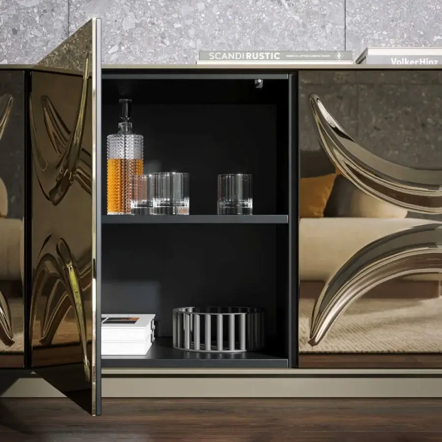 Luxury Tonin Casa Selene sideboard with arched doors and geometric patterns in wood with polished golden metallic finish