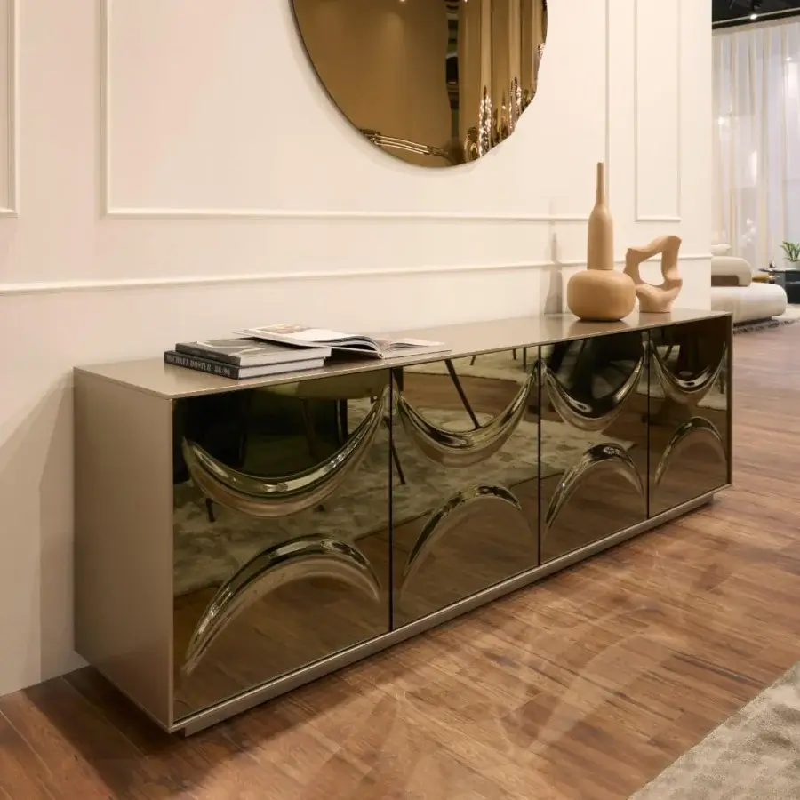 Distinguished Tonin Casa Selene sideboard with mirrored doors and geometric detailing in silvery-gray and matte gray finish