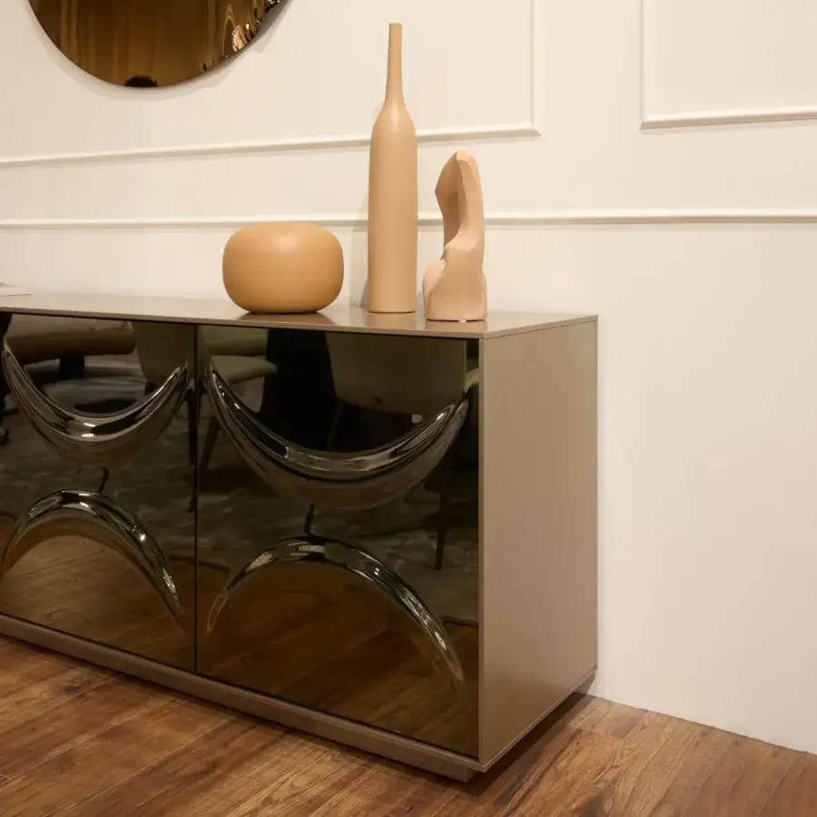 Exceptional Tonin Casa Selene sideboard with bronzed finish and curved drawer fronts reflecting light in geometric forms