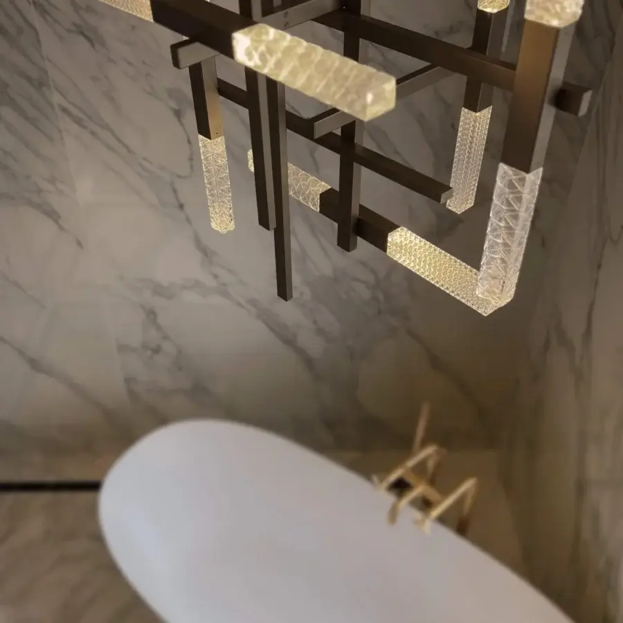 Exceptional Contardi Mikado suspension lamp crafted in brass with expertly engraved crystal cubes and muted metal finish