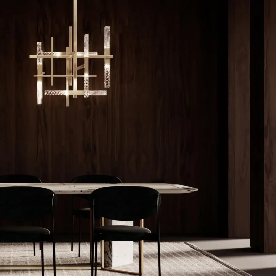 Superior Contardi Mikado suspension lamp crafted in polished brass with exquisitely engraved crystal delivering luminous ambiance