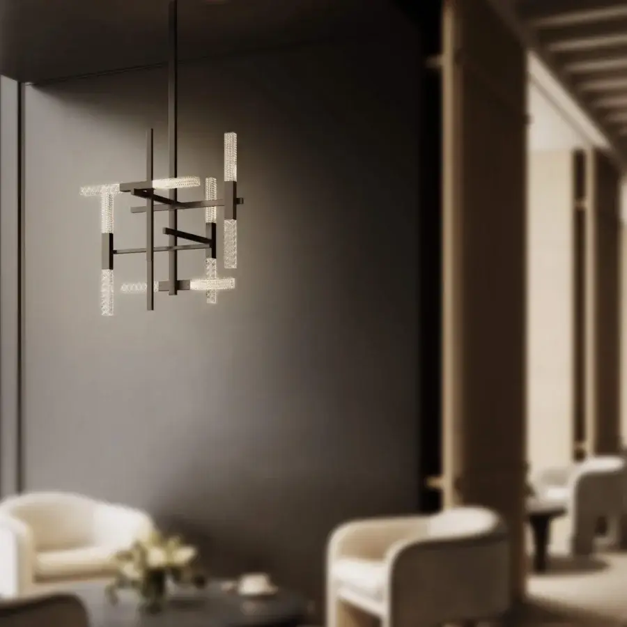 Elegant Contardi Mikado suspension lamp built in matte black with rectangular brass tubes and beautifully engraved crystal cubes