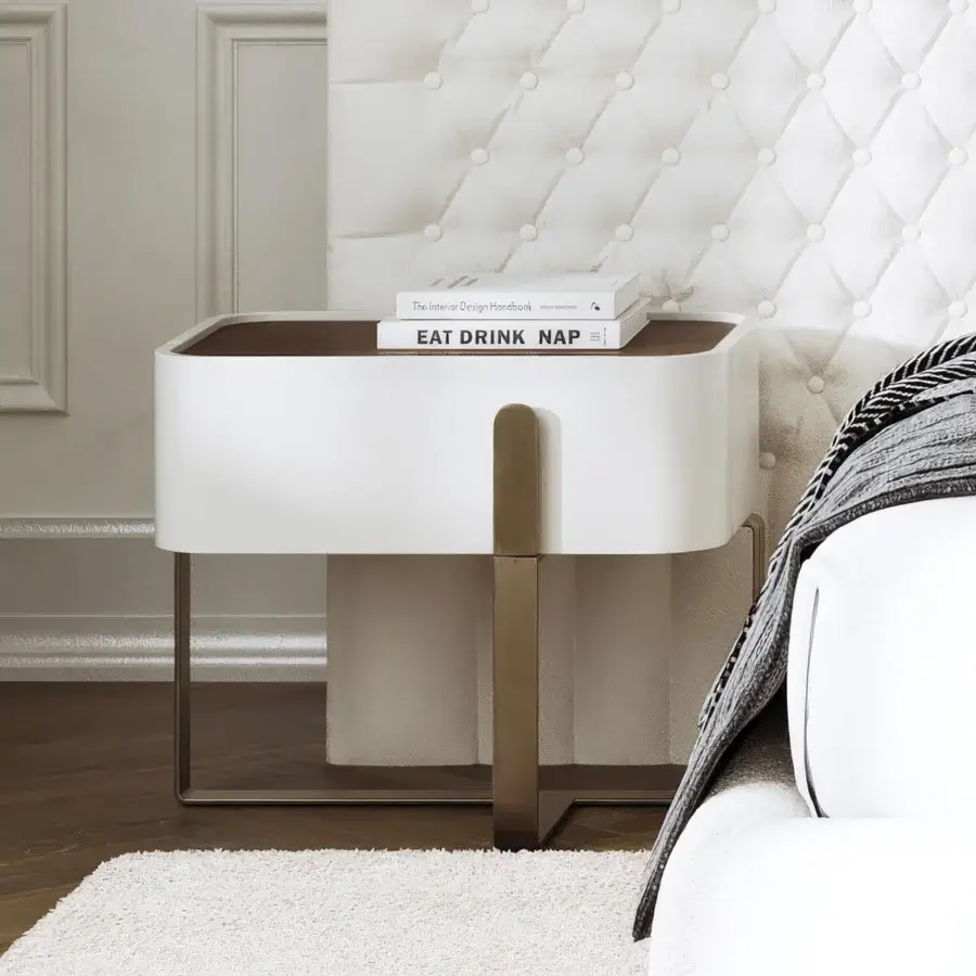 Elegant Capital Eden nightstand with a gently rounded lacquered silhouette and glossy white finish