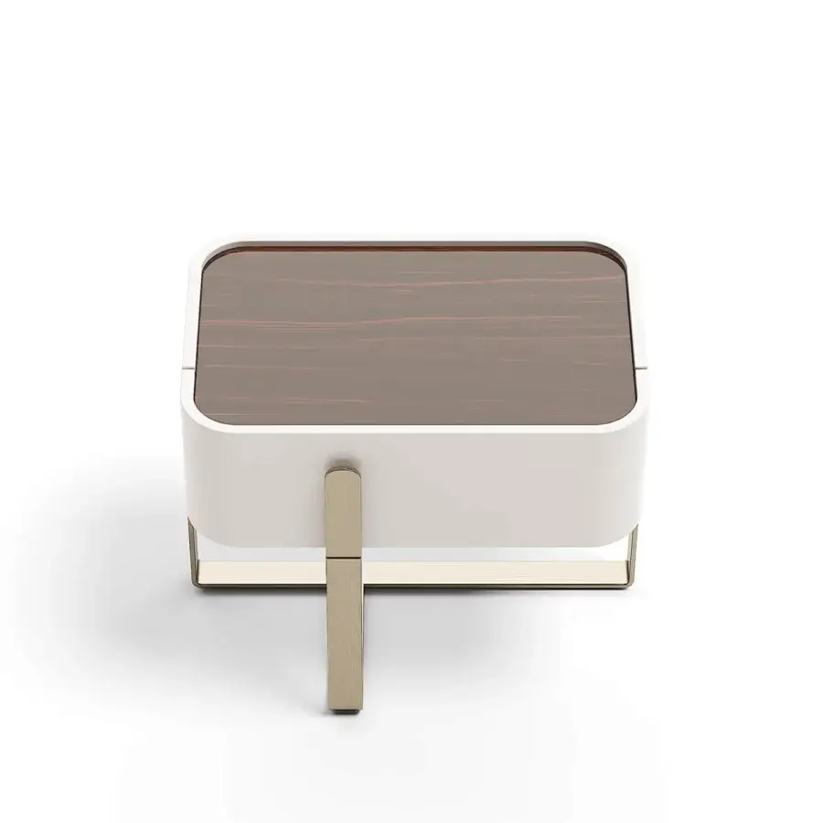 Distinguished Capital Eden nightstand with a matte body and reddish-brown wooden tabletop accented by sleek metallic details