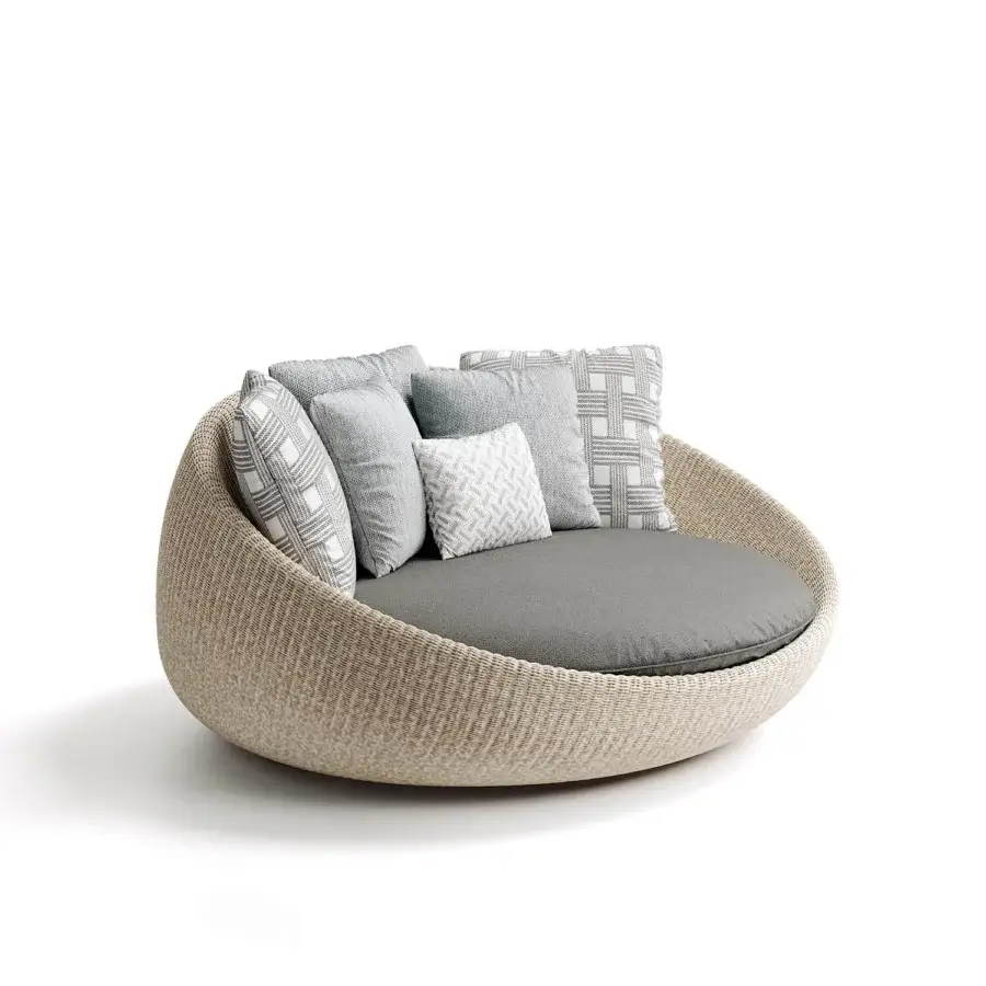 Distinguished Atmosphera Twiga daybed crafted with hand-woven synthetic rattan and a durable epoxy-painted aluminum frame in neutral tones