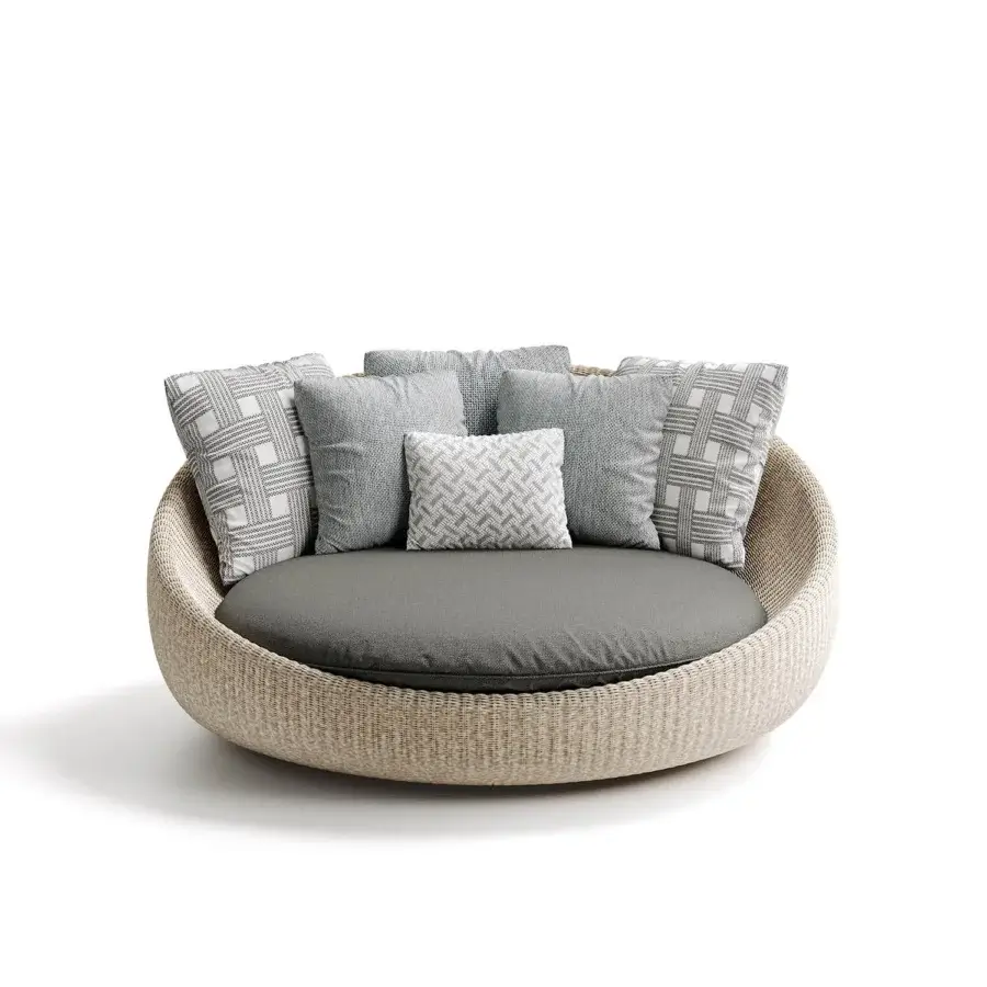 Exceptional Atmosphera Twiga daybed crafted with hand-woven synthetic rattan and an epoxy painted aluminum base in light beige with plush gray cushions
