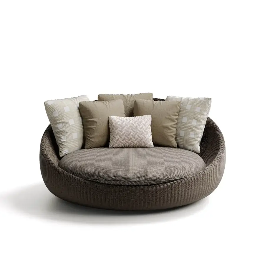Lavish Atmosphera Twiga daybed built with hand-woven synthetic rattan and cushioned in patterned brown textile with an epoxy painted aluminum frame