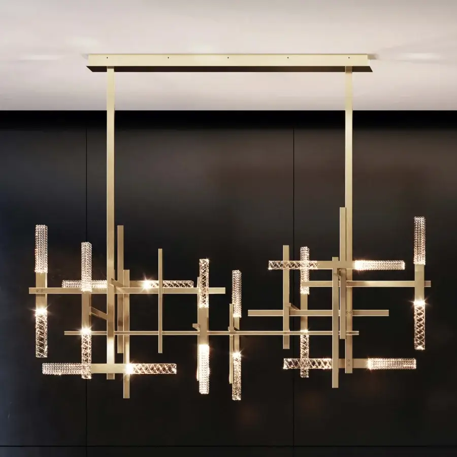 Distinguished Contardi Mikado Double Suspension Lamp with rectangular brass tubes and slanted engraved crystal cubes in warm gold finish