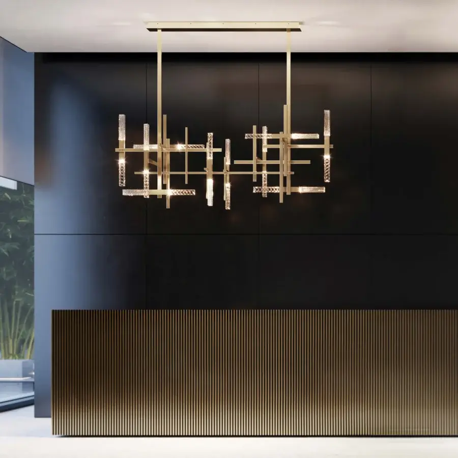 Superior Contardi Mikado Double Suspension Lamp with rectangular brass tubes and expertly engraved crystal cubes in polished finish