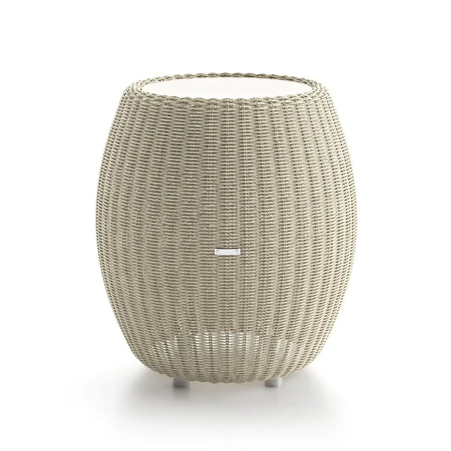 Distinguished Atmosphera Twiga side table built with neutral beige hand-woven synthetic rattan and durable fossil stone accents