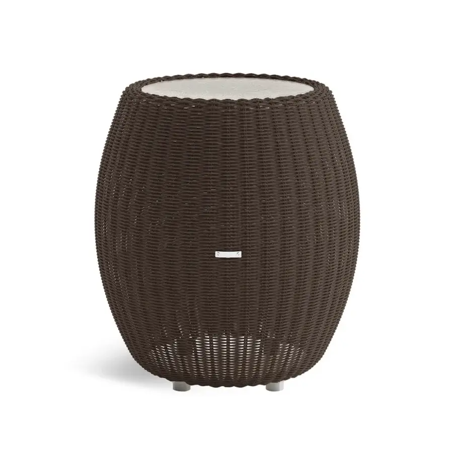 Sophisticated Atmosphera Twiga side table crafted with dark brown hand-woven synthetic rattan and smooth fossil stone tabletop