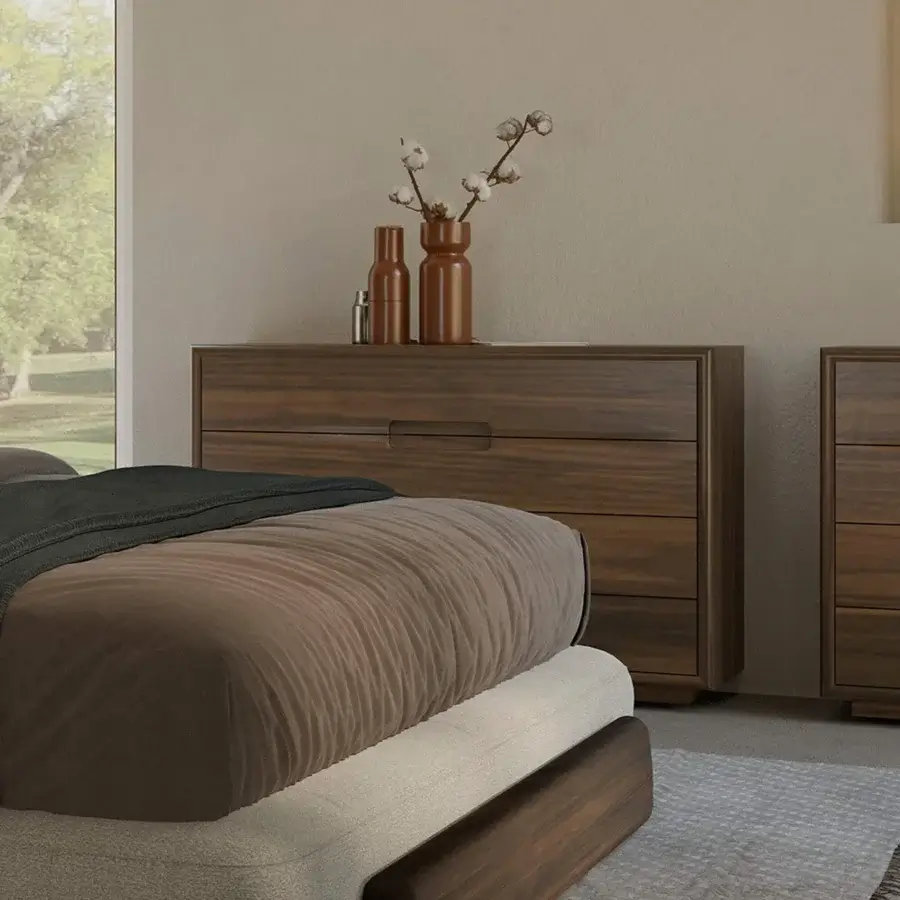 Exceptional Riva 1920 Sospiro dresser crafted in medium-toned brown solid wood with satin finish and shaped recessed handles