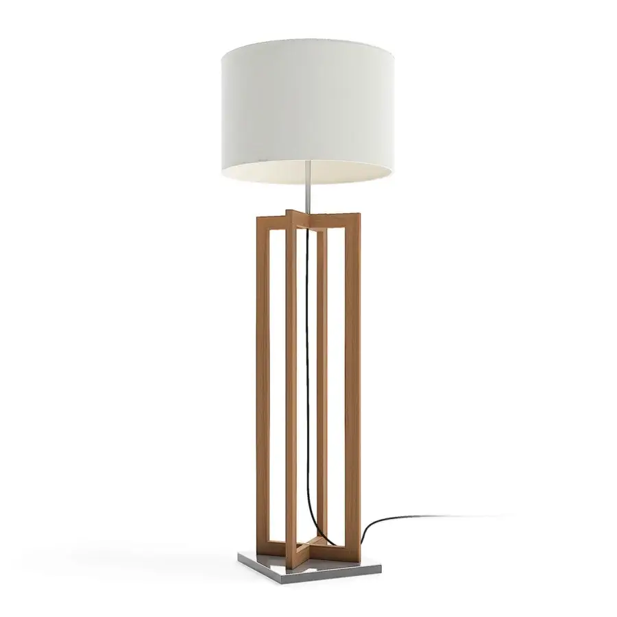Superior Atmosphera Vertigo floor lamp crafted in warm Teak wood with a satin sheen and white textilene lampshade