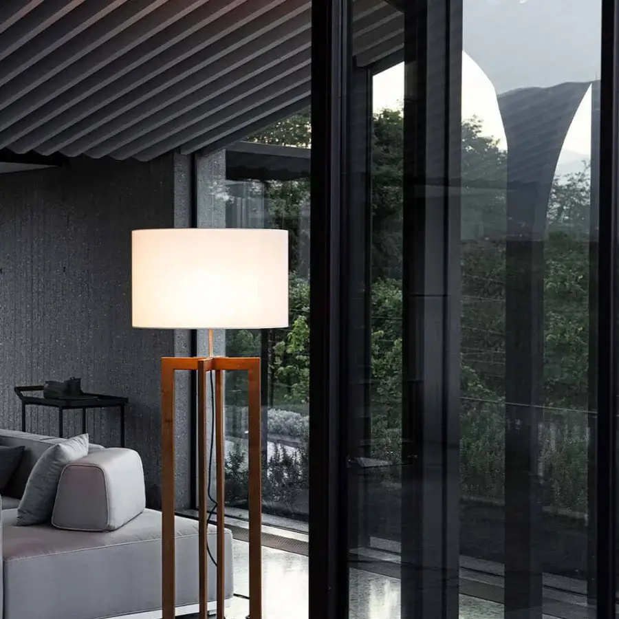 Exceptional Atmosphera Vertigo floor lamp built in warm Teak with a matte finish and white textilene lampshade
