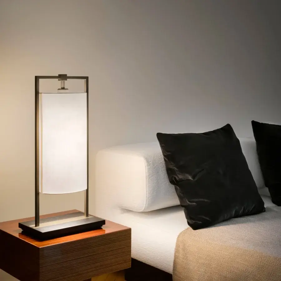 Elegant Contardi Athena lamp with soft white linen shade and dark metal frame sold as a set of two