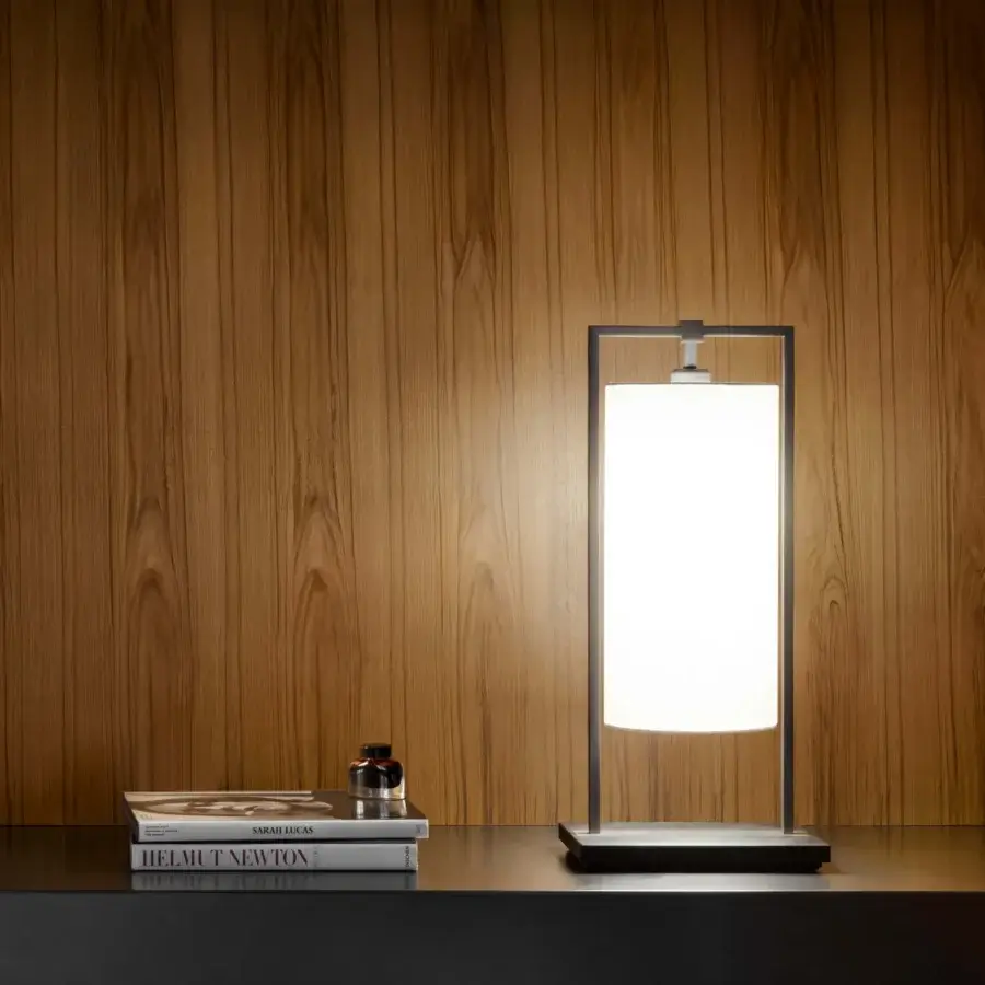 Superior Contardi Athena lamp crafted in Italy with brushed metal and soft white linen shade for balanced illumination