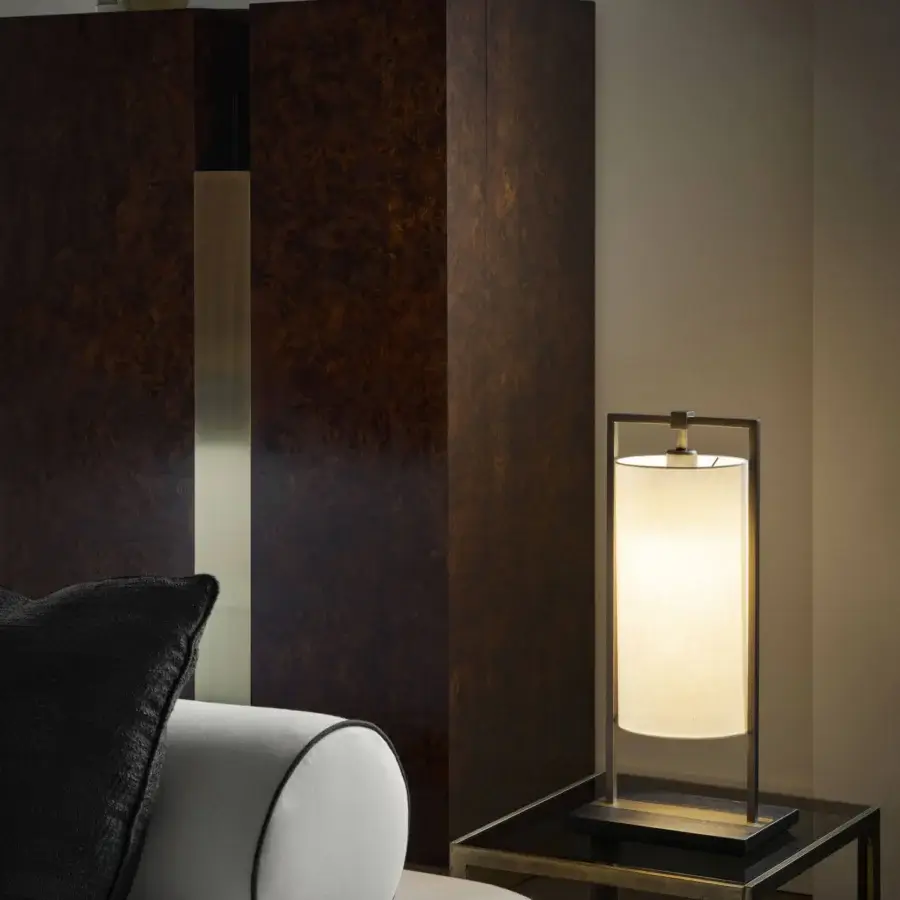 Exceptional Contardi Athena lamp with white linen shade and dark-toned metal base plus dark brown platform crafted in Italy