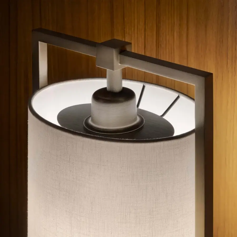 Distinguished Contardi Athena lamp with a dark gray metal base and softly luminous white linen shade crafted in Italy