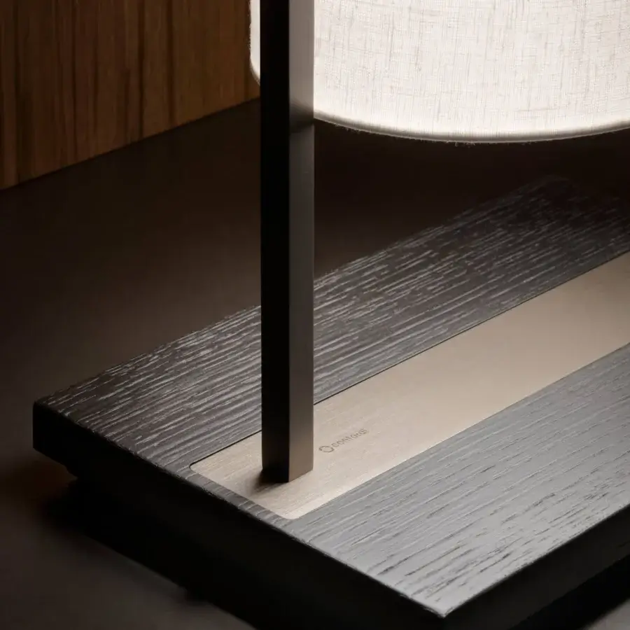 Harmonious Contardi Athena lamp crafted in Italy with dark textured wood, metallic silver plate and a white linen shade
