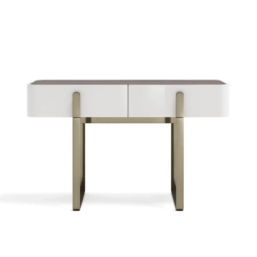 Superior Capital Eden vanity with lacquered structure, warm wooden top, glossy white finish and gold-toned steel legs