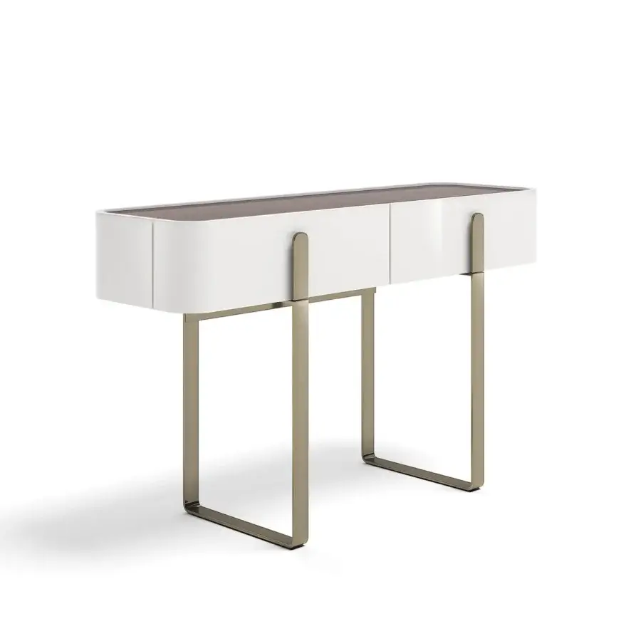 Captivating Capital Eden vanity with lacquered structure, warm wooden top, glossy white finish and muted gold steel legs