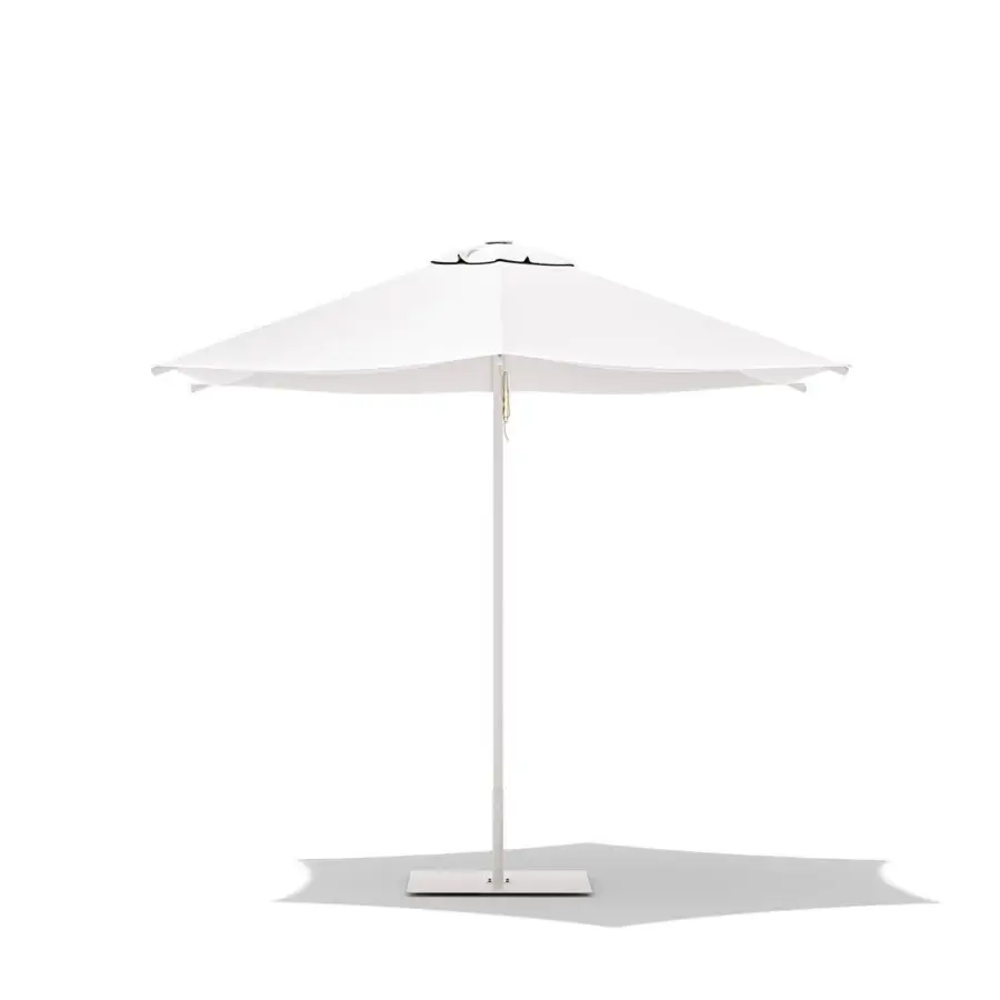 Superior Atmosphera Mitos umbrella with a white acrylic canopy and satin aluminum frame built with a stone base