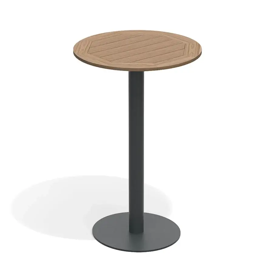 Distinguished Atmosphera Net B table with a circular teak wood tabletop and dark gray galvanized steel frame built with a powder-coated finish