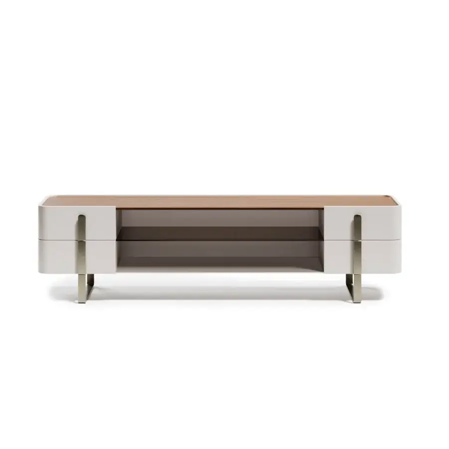 Distinguished Capital Eden TV stand crafted with lacquered structure and a solid wood top exhibiting a warm natural grain with bronzed glass shelving