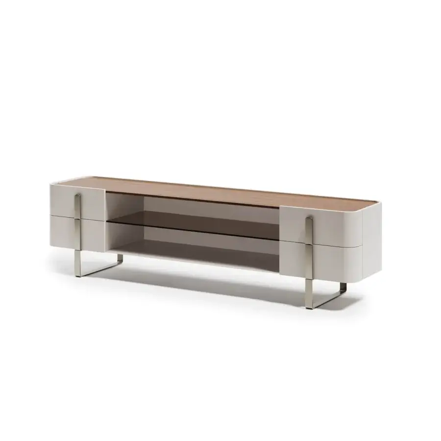 Impeccable Capital Eden TV stand with light beige lacquered structure and warm wood veneer top, boasting a matte finish