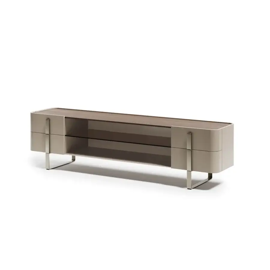 Distinguished Capital Eden TV stand with a neutral beige lacquered structure, darker wood top, bronzed glass shelf and elegant metallic legs