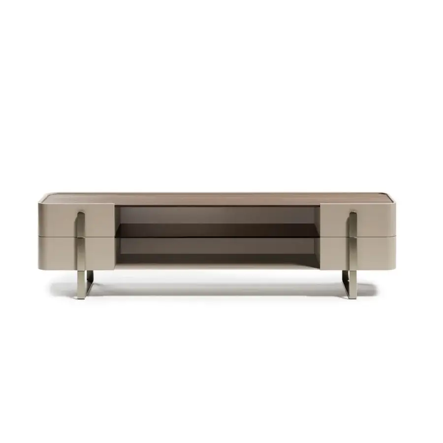 Superior Capital Eden TV stand crafted with wood and metal in a neutral beige matte lacquer finish