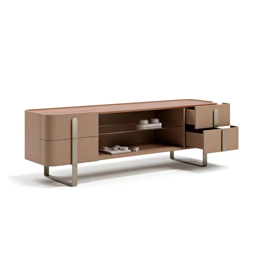 Impeccable Capital Eden TV stand crafted with wood and bronzed glass, showcasing a matte finish with contrasting warmer-toned wood accents