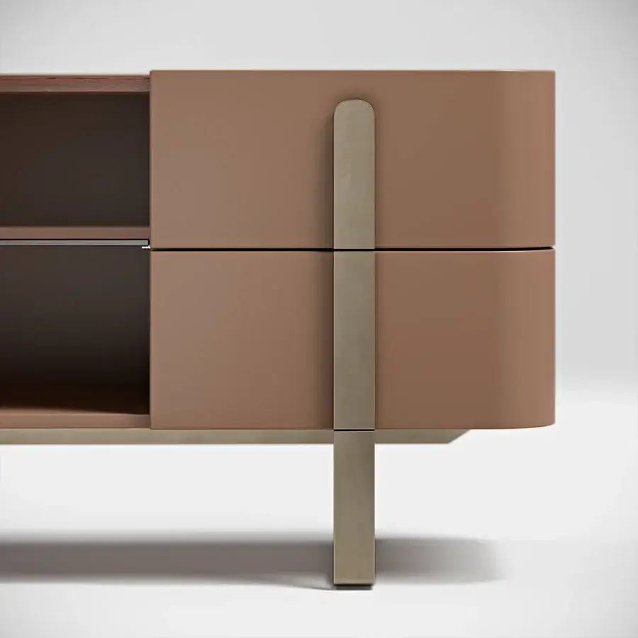 Superior Capital Eden TV stand built with lacquered structure, solid wood displaying reddish-brown hue, and bronzed glass shelf