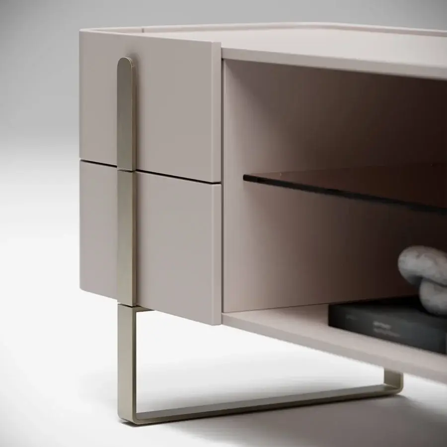 Distinguished Capital Eden TV stand crafted with lacquered wood, metallic legs and handles, plus bronzed glass shelving in a matte taupe finish