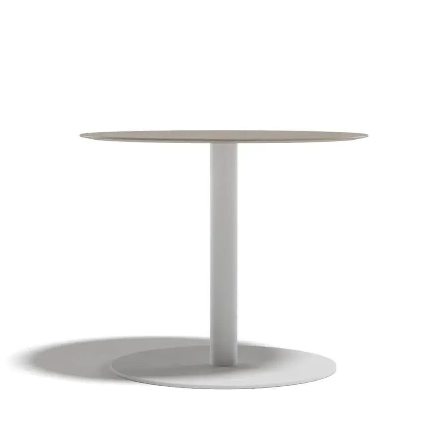 Elegant Atmosphera Net table with circular light brown teak wood tabletop and neutral white powder-coated galvanized steel base