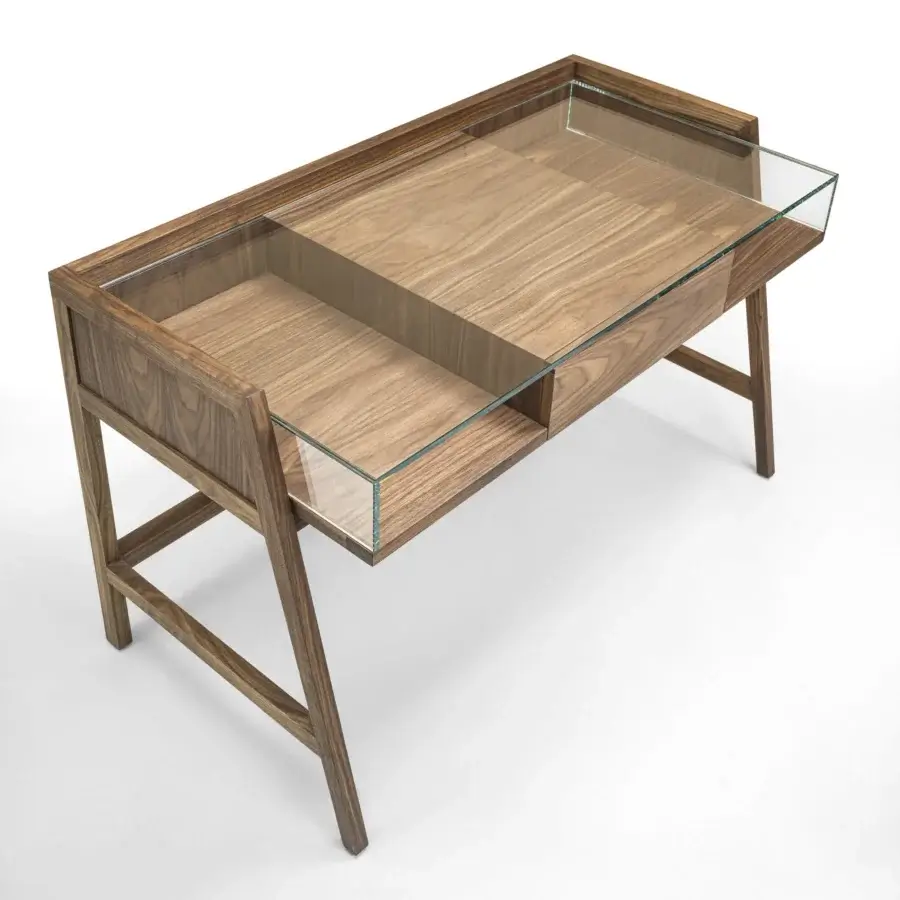Exceptional Riva 1920 Writing Desk crafted in medium-toned brown wood with tempered glass and satin finish grain, including a hidden dovetail drawer
