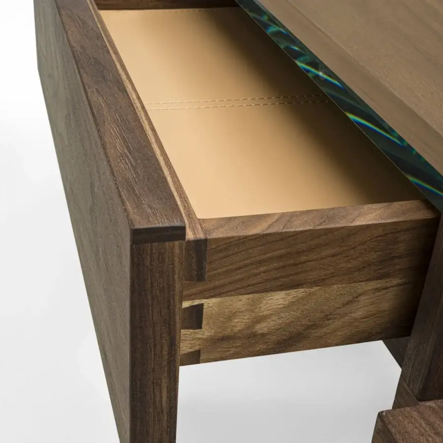 Elegant Riva 1920 Writing Desk crafted in medium-brown wood with iridescent tempered glass and a matte finish