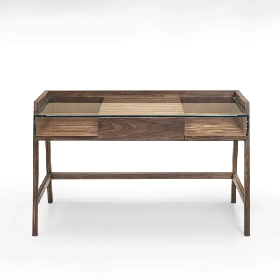 Superior Riva 1920 Writing Desk crafted in medium-dark wood with satin finish and recessed tempered glass top