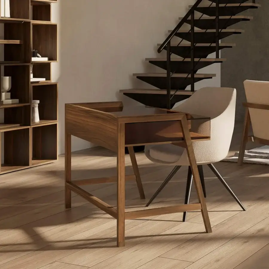 Distinguished Riva 1920 Writing Desk crafted in medium-toned wood with tempered glass and satin finish