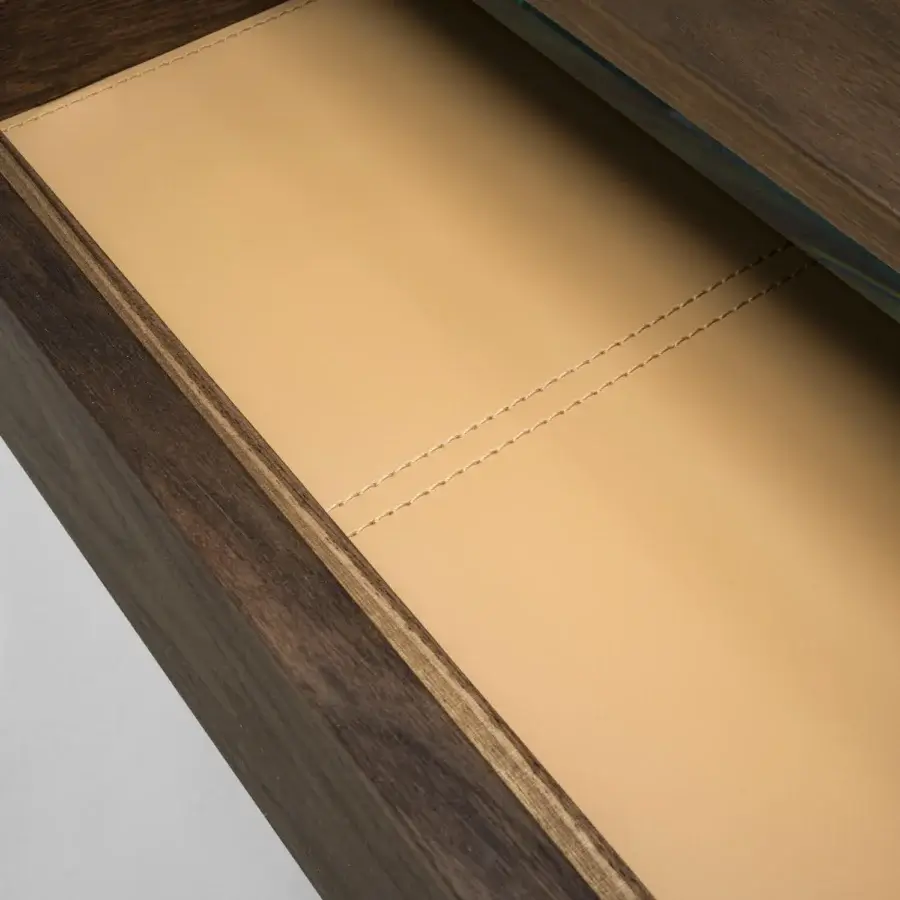 Exceptional Riva 1920 Writing Desk crafted in medium-dark wood with satin finish and light beige textile lined drawer