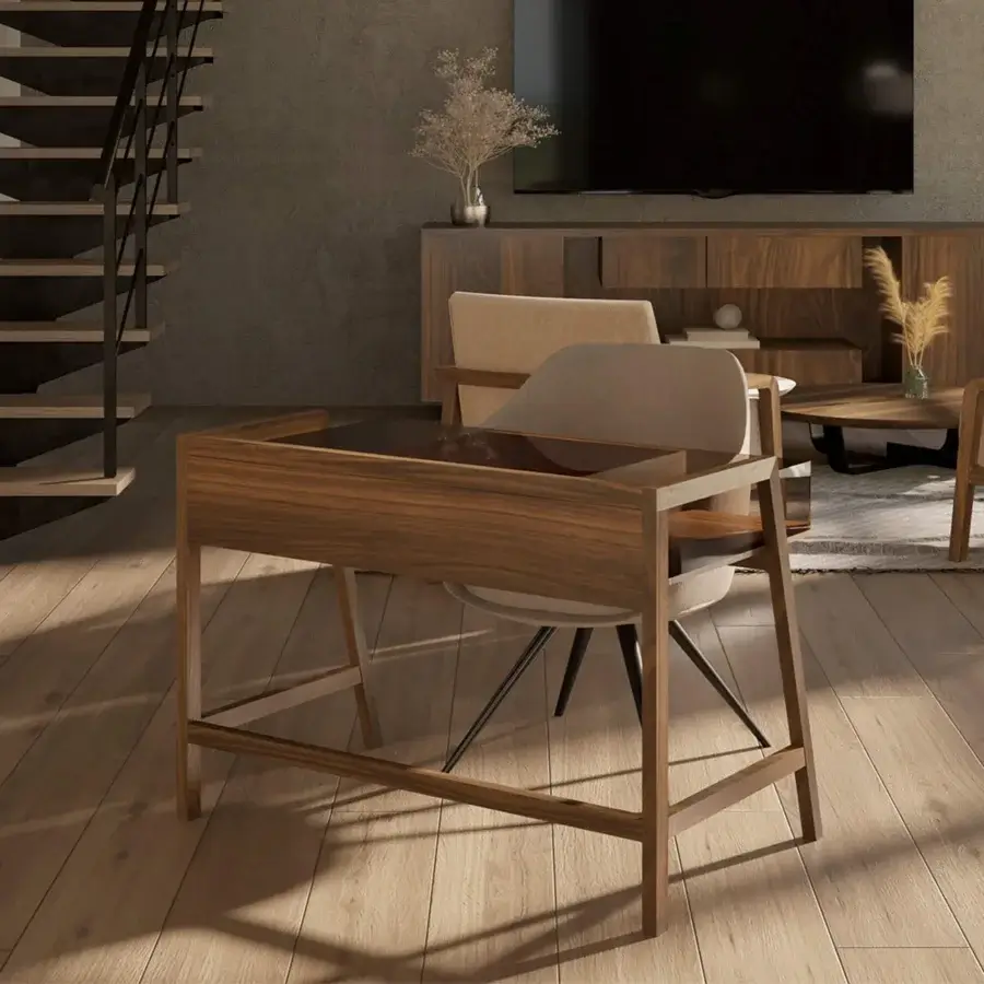 Distinguished Riva 1920 Writing Desk crafted in medium-toned wood with tempered glass and a satin finish