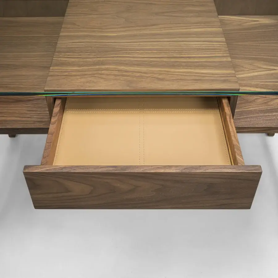 Distinguished Riva 1920 Writing Desk embodies minimalist structuralism with medium-toned brown wood and a smooth satin finish