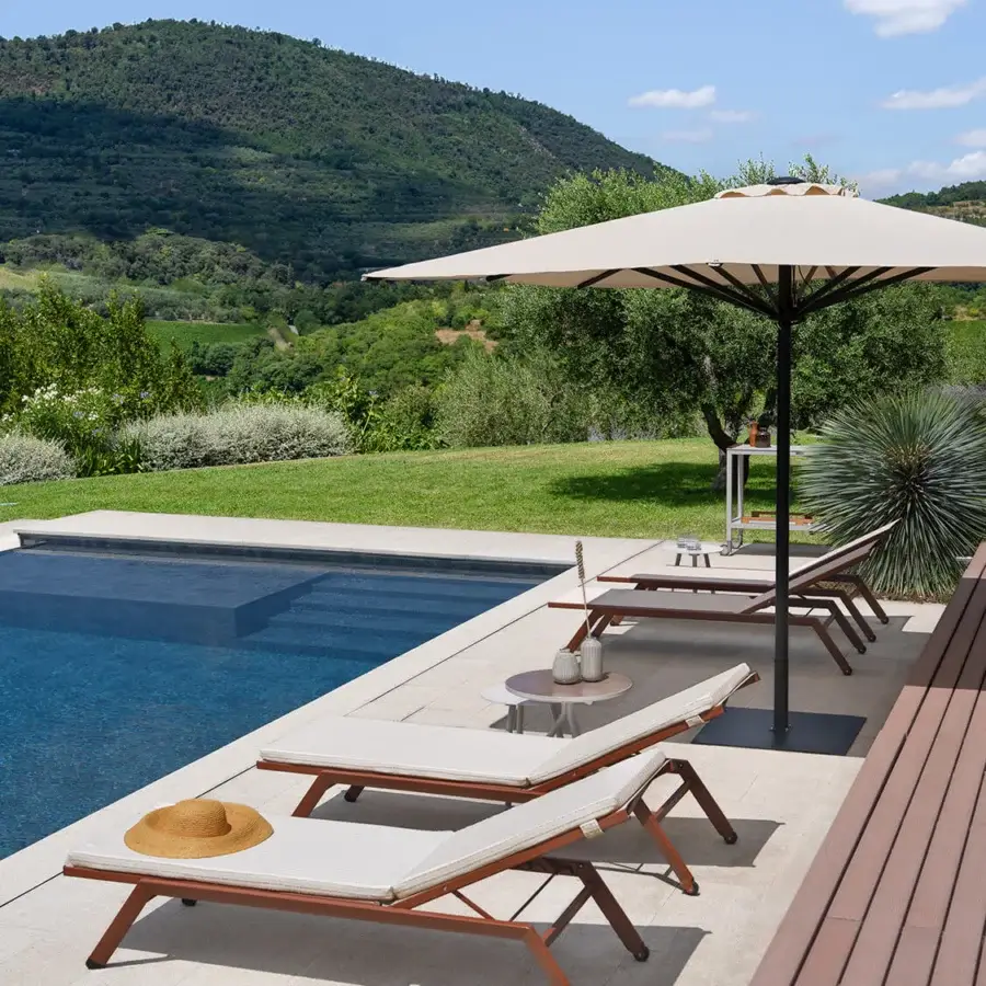 Elegant Atmosphera Once Umbrella parasol with a light beige acrylic canopy and aluminum frame built with a lacquered steel base