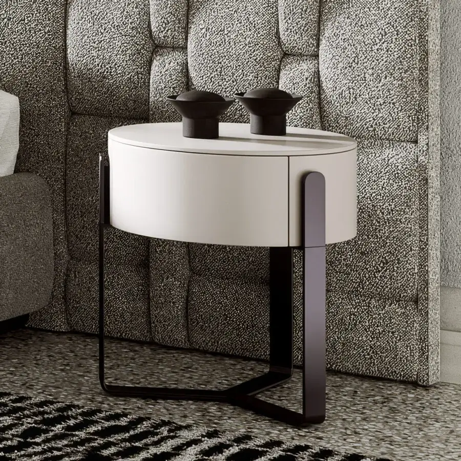 Distinctive Capital Aurea nightstand with circular silhouette and sleek metallic base crafted in matte off-white lacquer