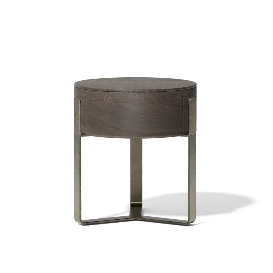 Elegant Capital Aurea nightstand with cylindrical form and muted gray-brown wood built with a dark satin metal base and lacquer finish