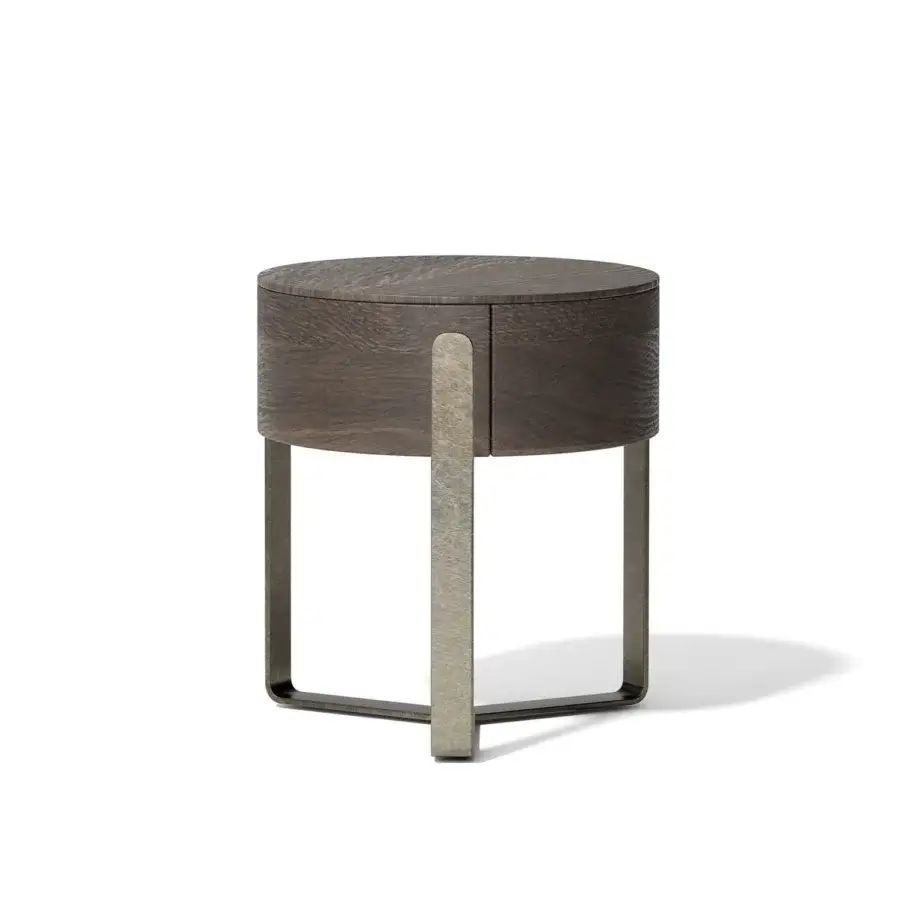 Distinctive Capital Aurea nightstand crafted with rich wood and sleek metallic base in a muted grayish-brown tone with seamless integration